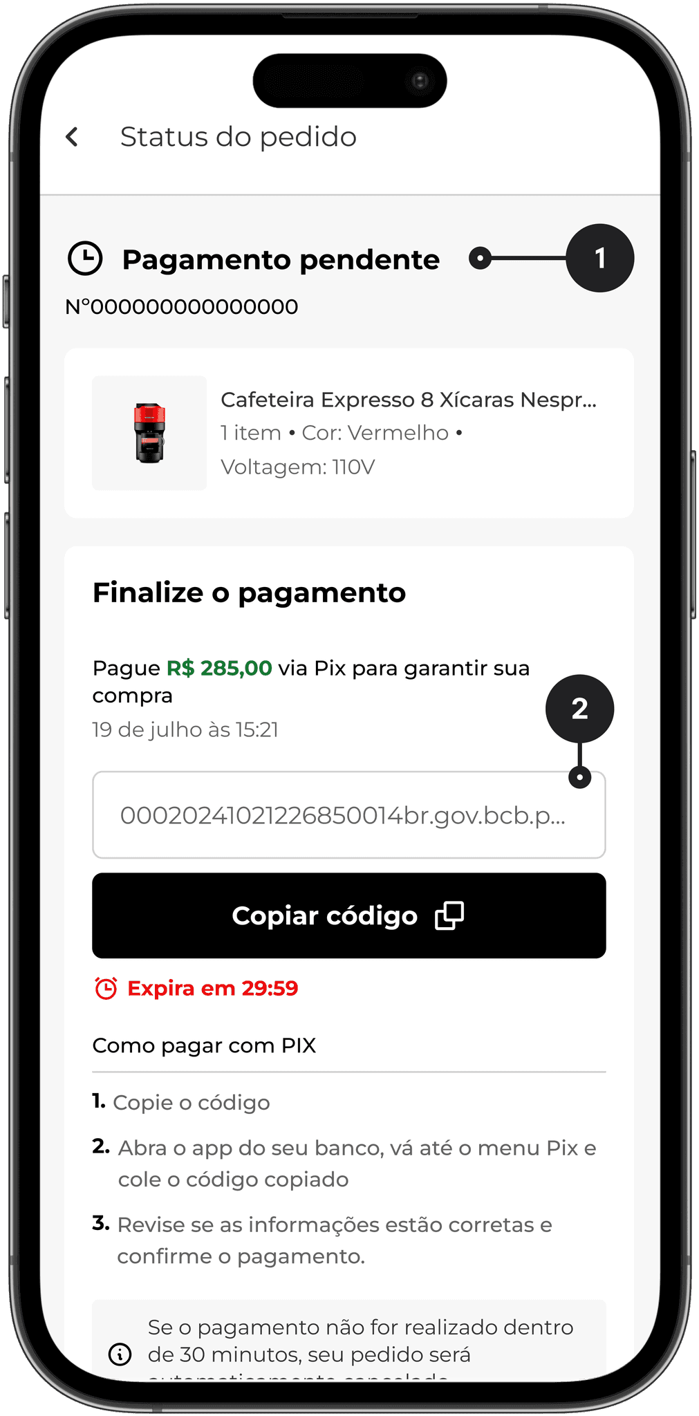 Página de pagamento pendente via PIX. São apresentados, além de informações do produto comprado, o código para pagamento. Esse resgate do código na seção de pedido espera reduzir em 10% os tickets de atendimento para a equipe de CX
