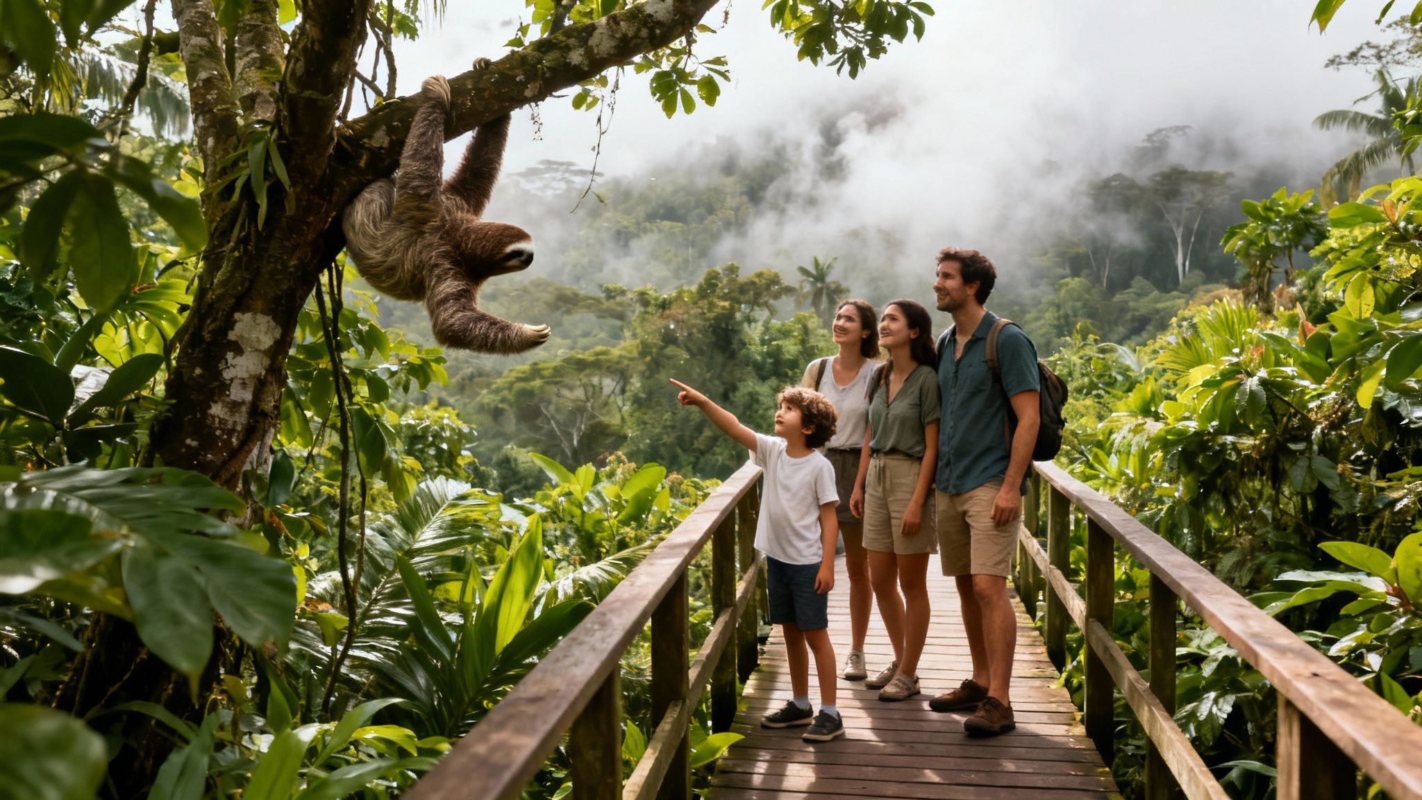 A family on a wooden walkway in a lush rainforest, admiring a sloth hanging from a tree branch.