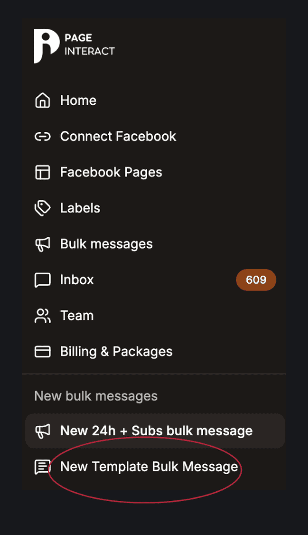Page Interact sidebar with New Template Bulk Message highlighted under New bulk messages
