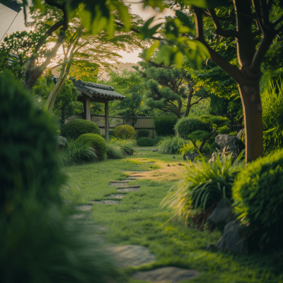 Gently curving garden path lined with lush grasses and neatly trimmed bushes, leading to a traditional Japanese gazebo, bathed in the soft, warm glow of sunset.