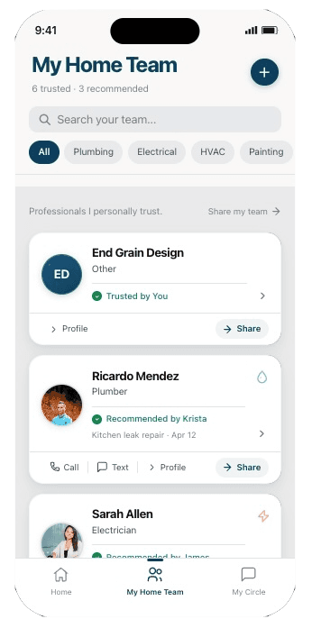 Yoozerz My Home Team screen showing trusted home service professionals