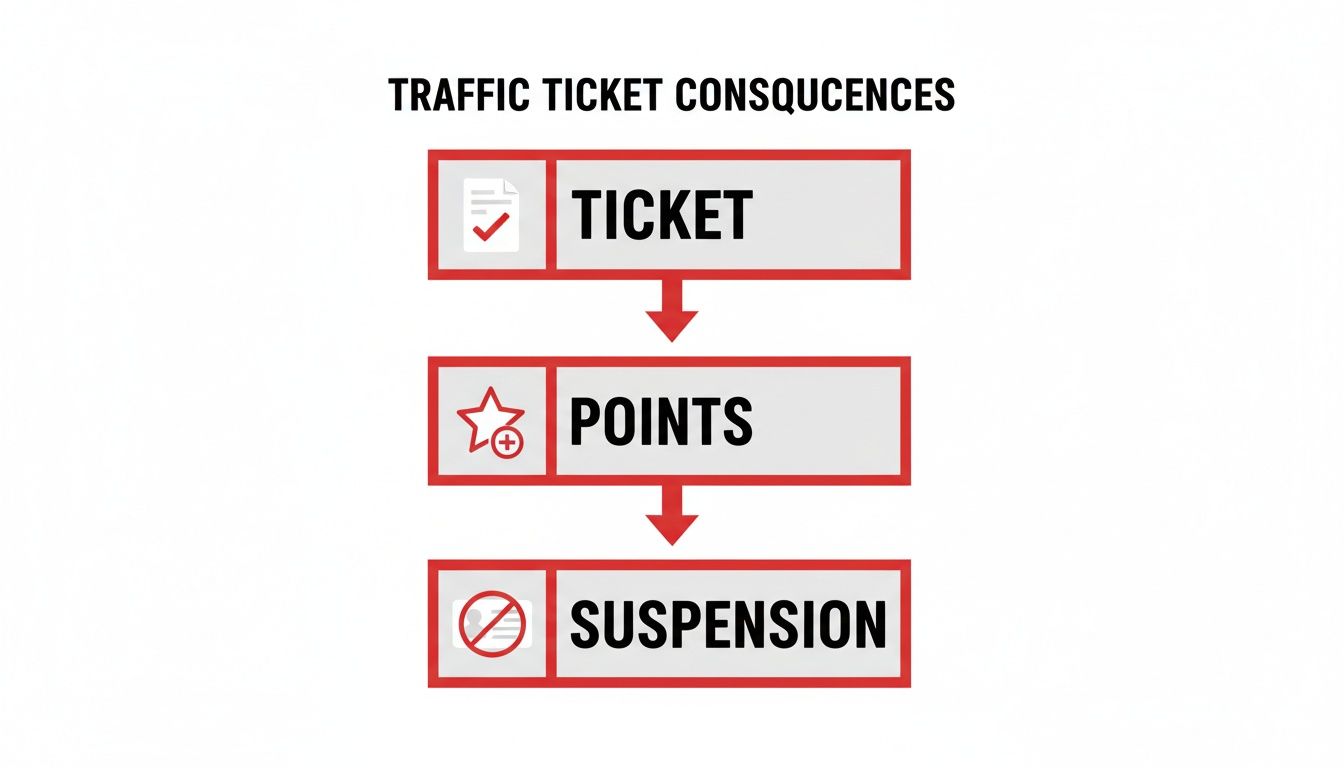 Flowchart illustrating the consequences of a traffic ticket: ticket, points, and license suspension.