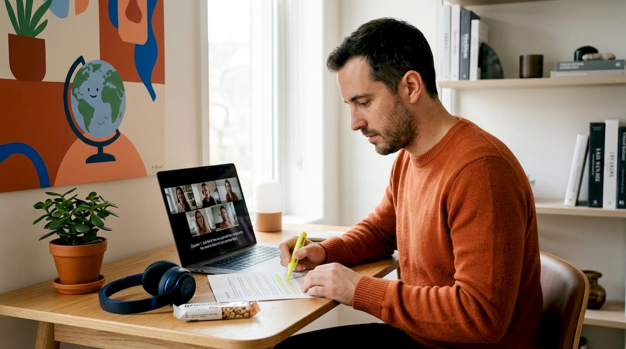 Team leader reviews video call transcript