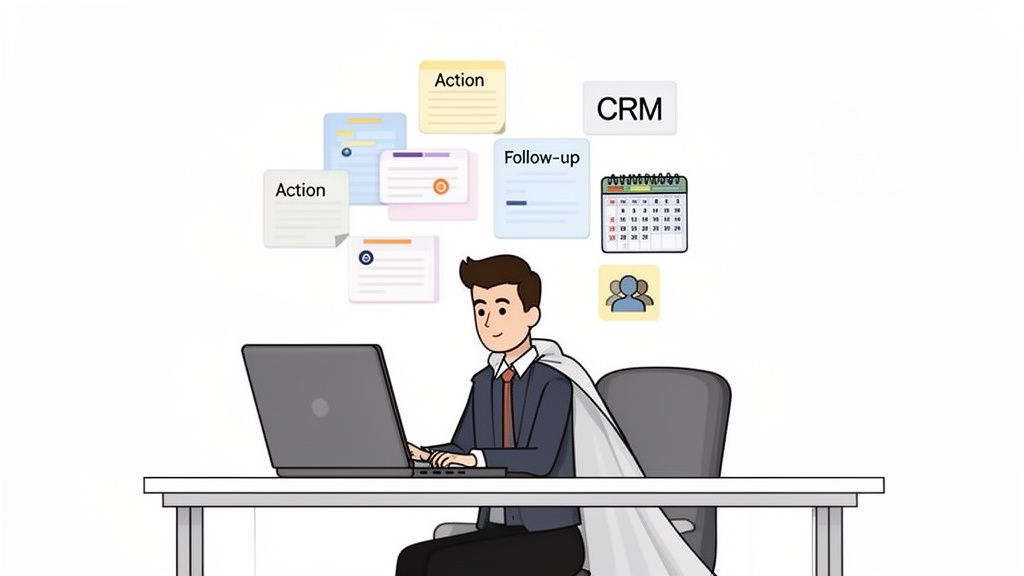 Cartoon man in a cape efficiently manages tasks on a laptop with CRM, calendar, and action items.