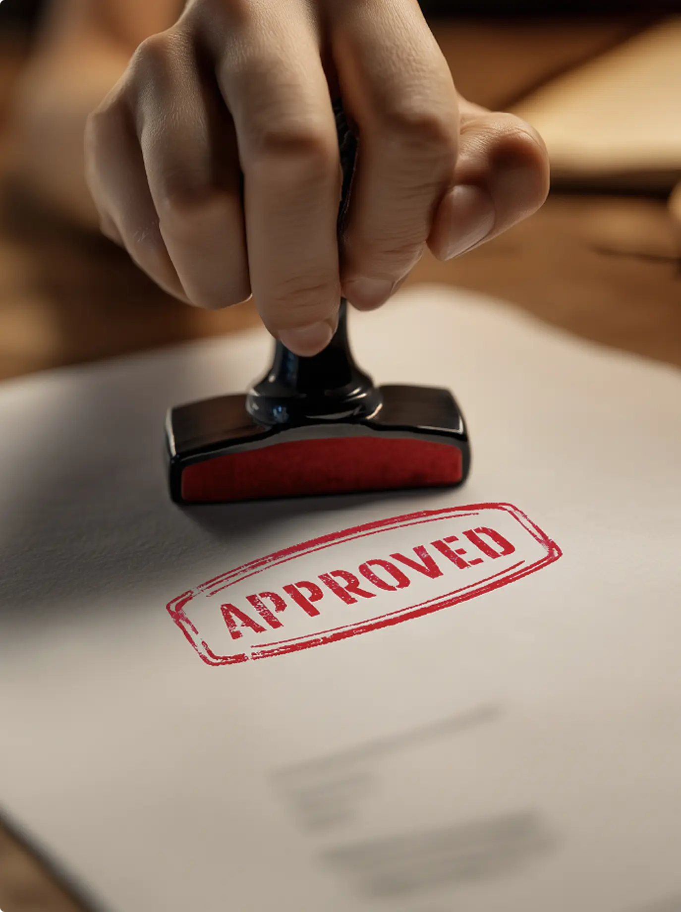 A hand is pressing a red rubber stamp onto white paper, leaving an impression that reads "APPROVED."