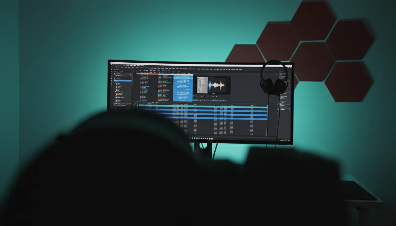 DSLR photograph of a video editor's workstation, moody close-up shot with cinematic contrast and shallow depth of field. The computer monitor displays the DaVinci Resolve software interface in dark mode, showing a complex video timeline with blue clips and a media browser with audio waveform UI elements. A pair of black and gold over-ear headphones hangs on the monitor's edge. The desk is illuminated by a vibrant teal LED back-light, casting a glow on the white wall behind it where red geometric acoustic foam panels are mounted. A dark, out-of-focus object frames the foreground.