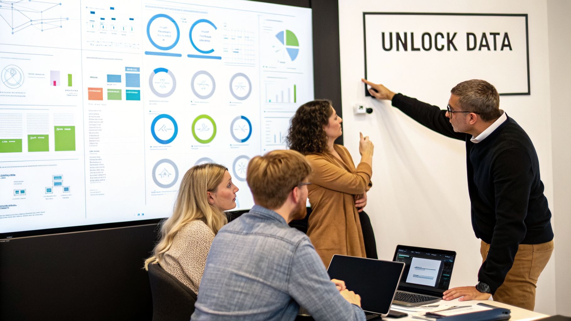 Four business professionals analyzing data on a large screen and a 