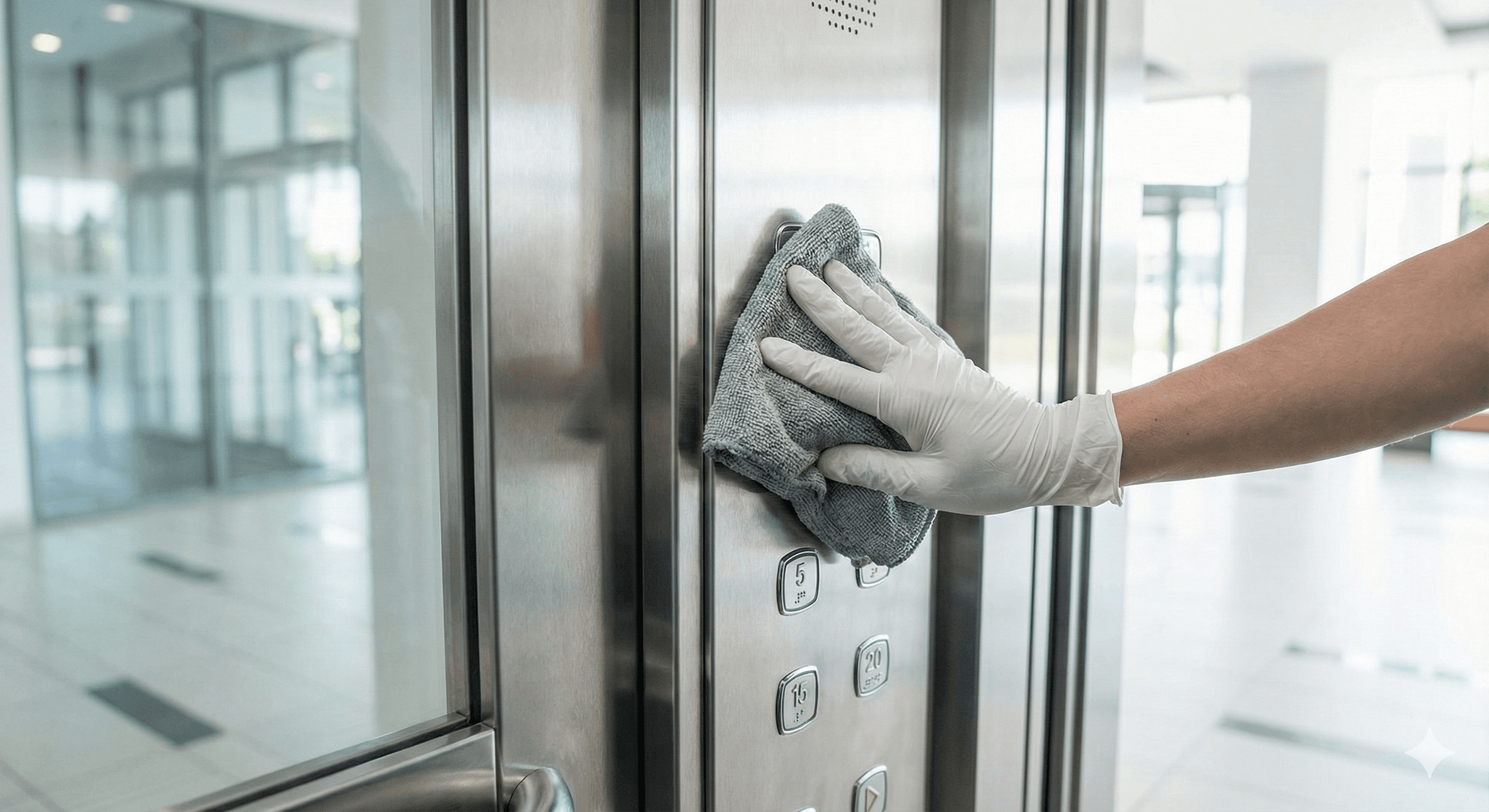 Sótthreinsun og þrif á lyftuhnappaborði í sameign.