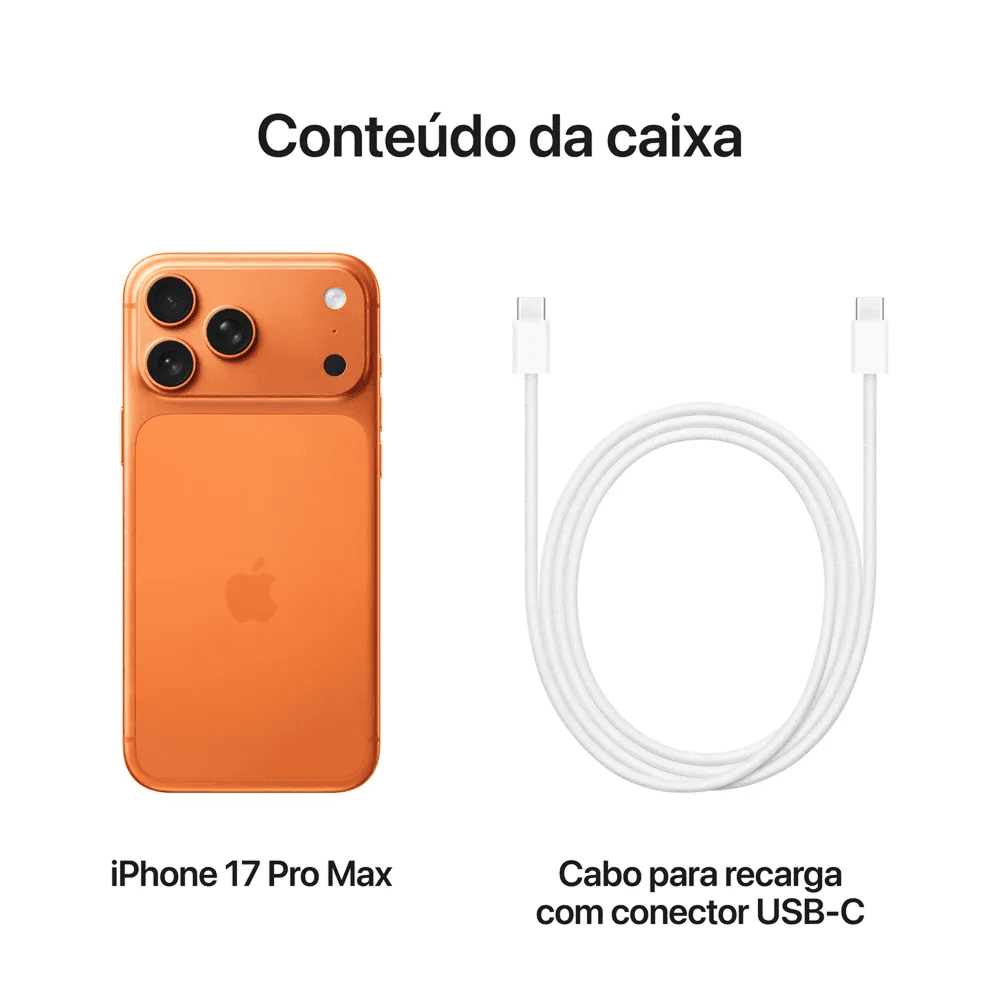 Conteúdo da caixa do iPhone 17 Pro Max: aparelho e cabo USB-C.