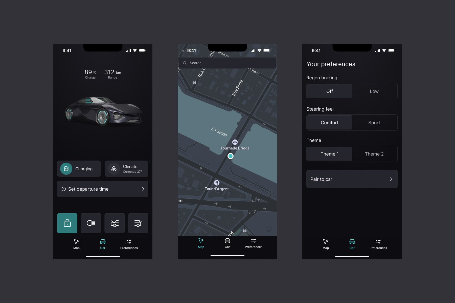 Studio wall with yellow sticky notes and small abstract paintings exploring themes like colour, light, sound, narrative arc, and comfort