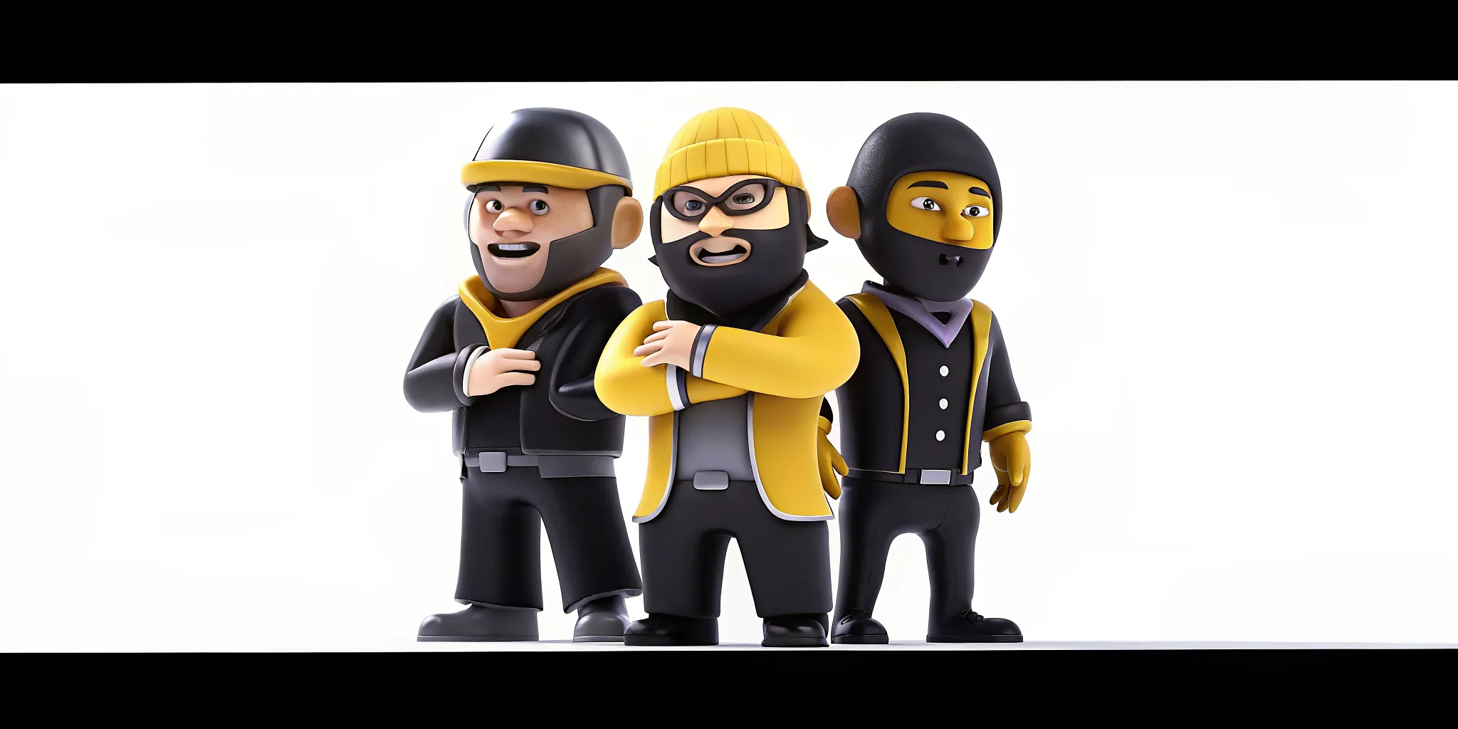 Three stylized 3D game characters standing together as a team with distinct personalities