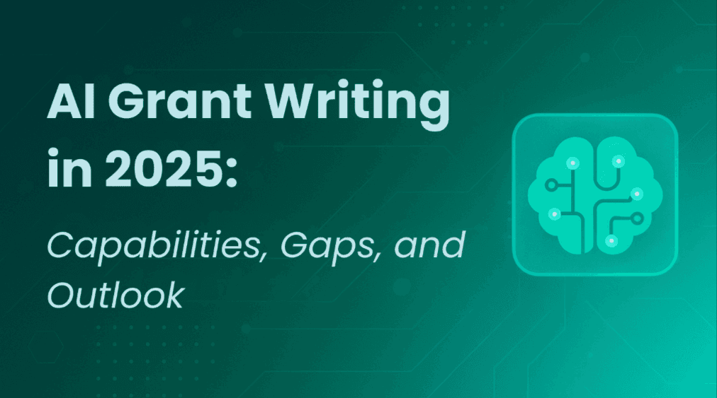 Graphic showing a digital AI icon with the title “AI Grant Writing in 2025: Capabilities, Gaps, and Outlook.