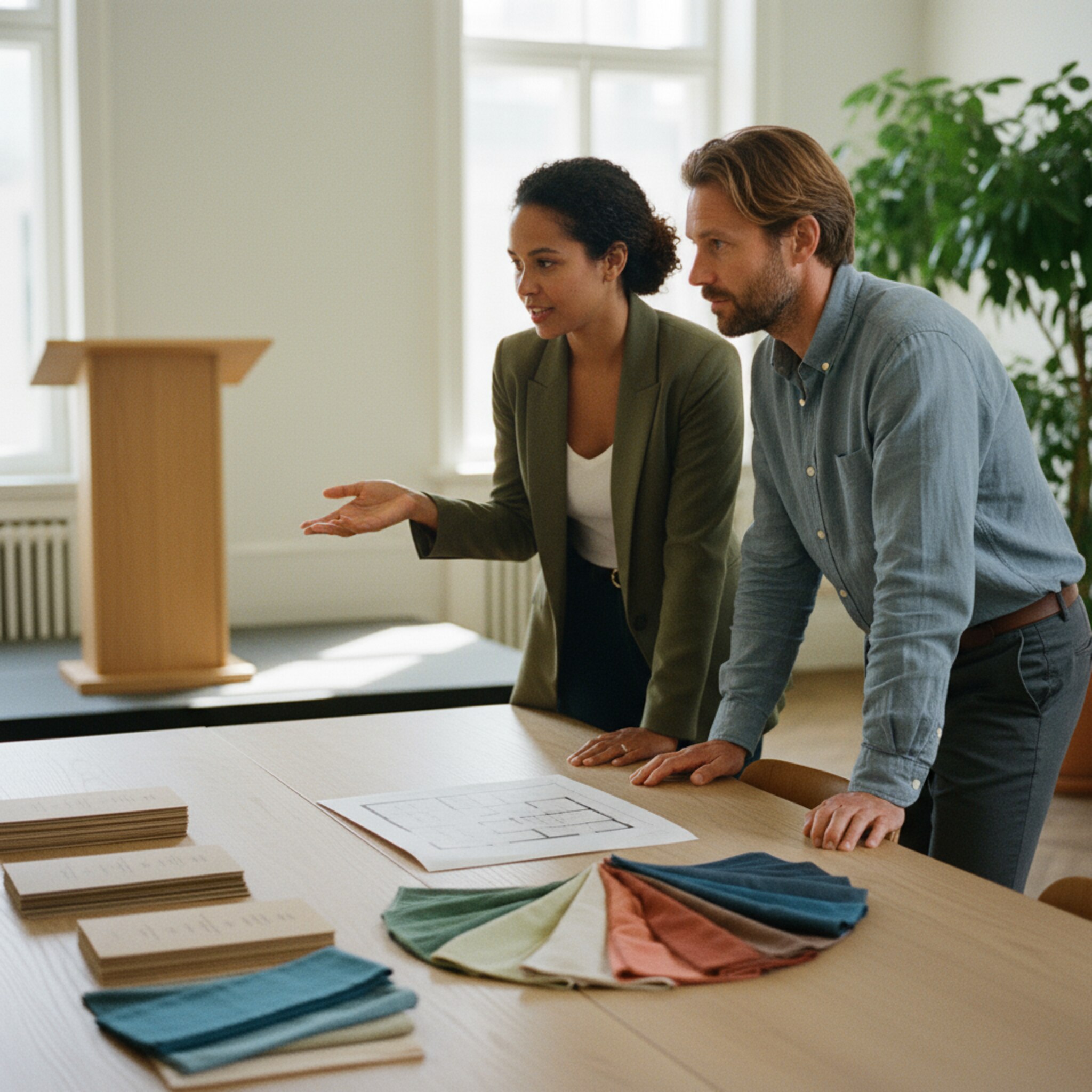 Ein Meetingraum mit Musterdekoration, auf dem Tisch liegen Menüvorschläge, Stoffmuster und ein schlichter Raumplan. Eine Eventmanagerin bespricht Details mit einem Kunden und deutet auf die Bühne. Die Stimmung ist konzentriert, professionell und zielgerichtet auf eine passgenaue Veranstaltung.