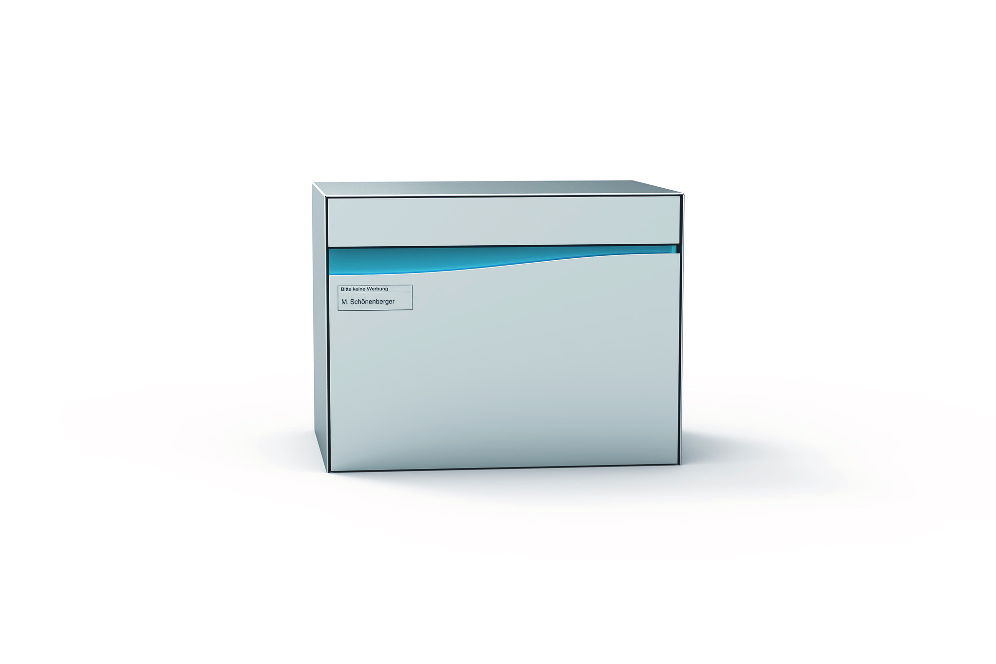 Frontansicht eines Briefkasten in weiss mit blauem Detail (Keller, 2010)