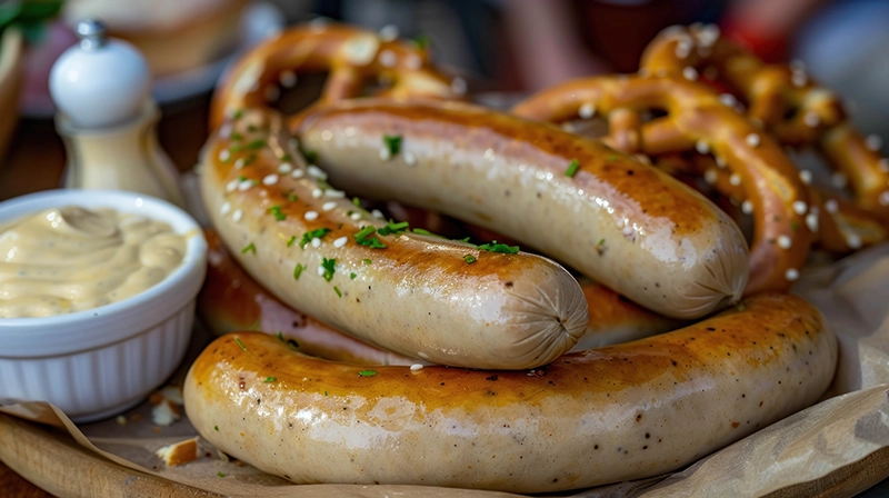 Biała kiełbasa podana z Musztardą Chrzanową Konik