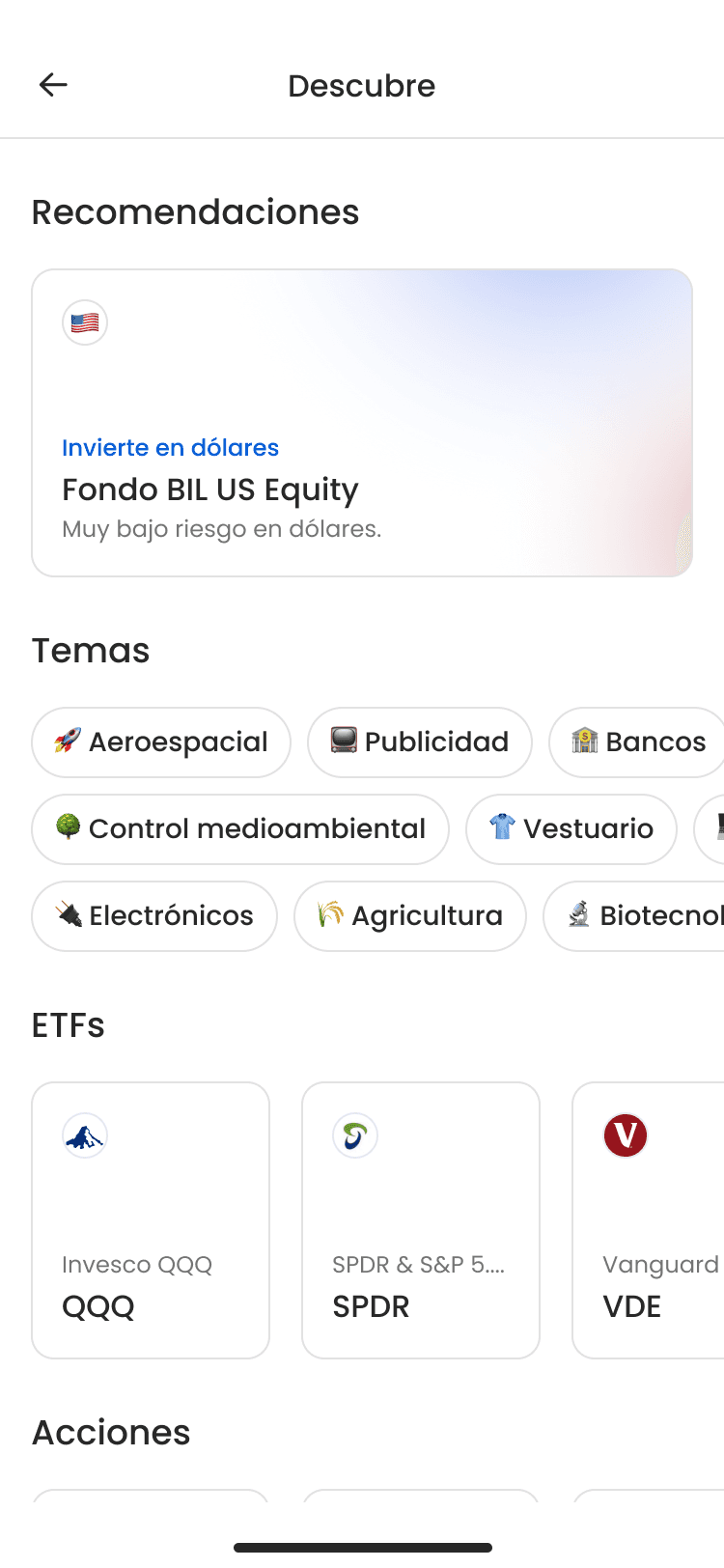 App mostrando un banner para invertir en dólares