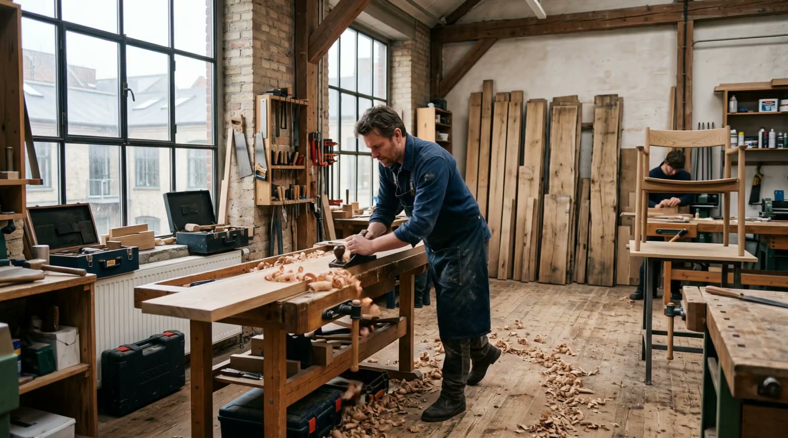 A furniture maker planes an oak board at a workbench in the workshop, with stacked timber behind him.