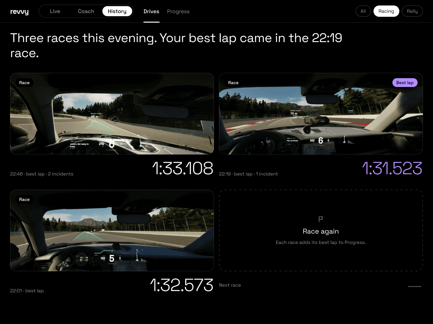 History Drives, Racing: three races with their best laps, the best 1:31.523 in purple, and an empty card to race again
