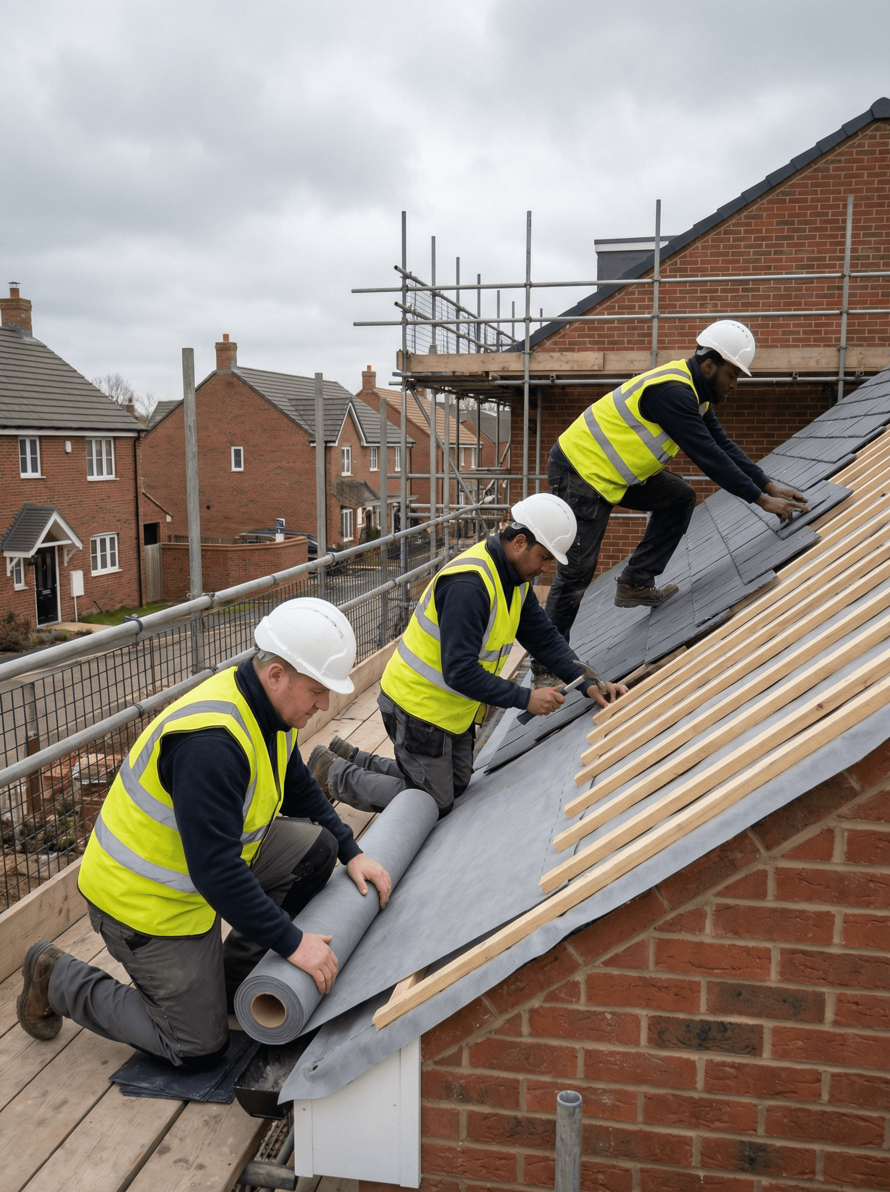 two men working on the roof of a house
