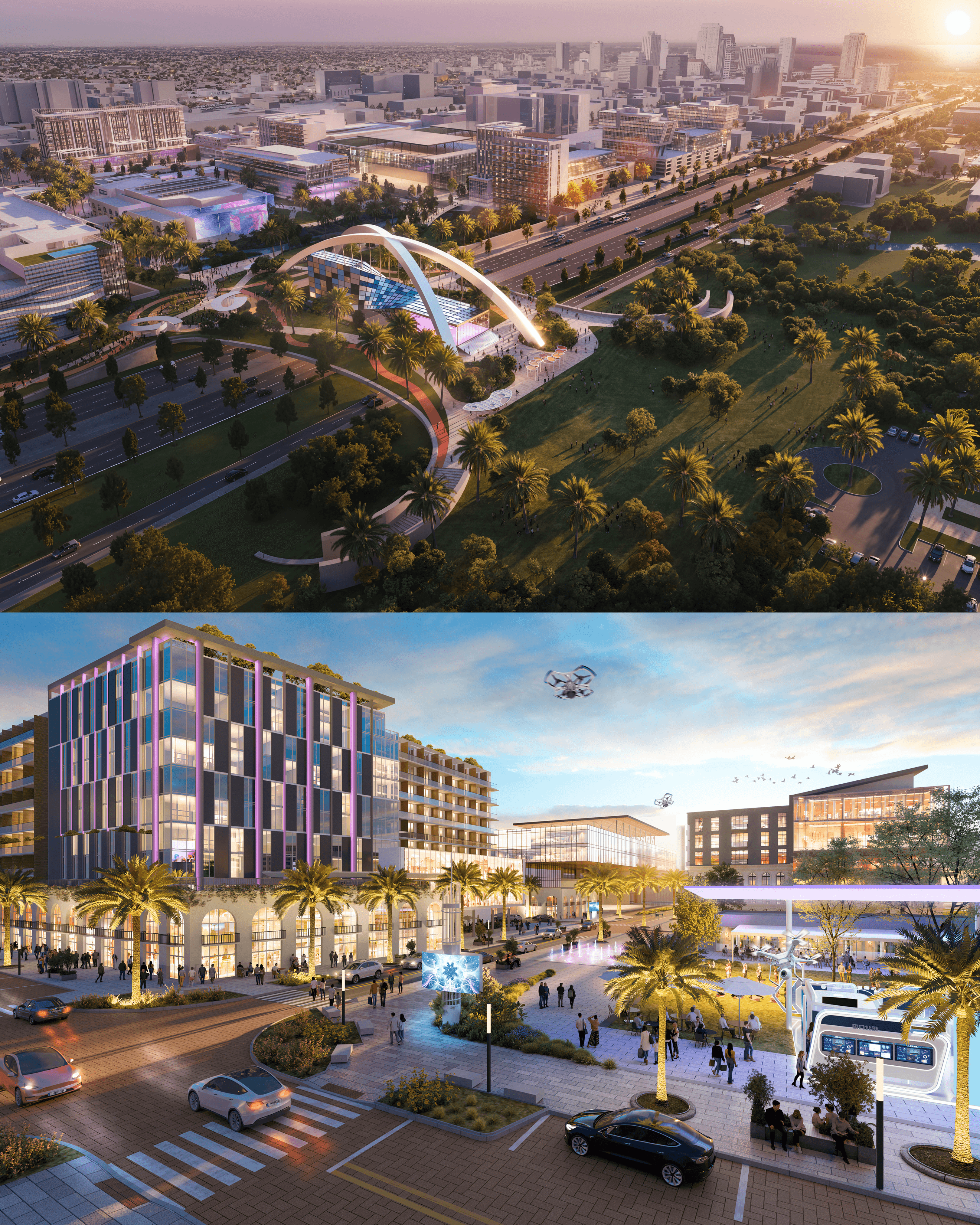Renderings of the Historic Gas Plant District redevelopment featuring an evening aerial view of Innovation Hall and landscaped public spaces, and a street-level view of modern mixed-use buildings with colorful lighting