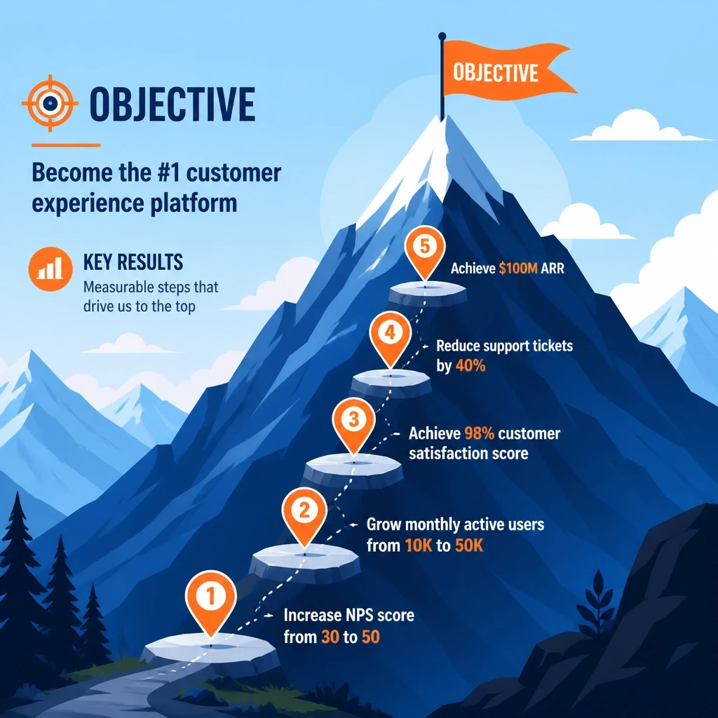 An illustration of a mountain peak representing an Objective with stepping stones representing Key Results.