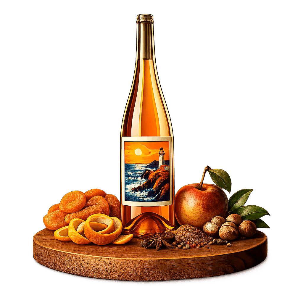 Artistic label and flavor profile for Oregon Orange Wine on a rustic wooden table.