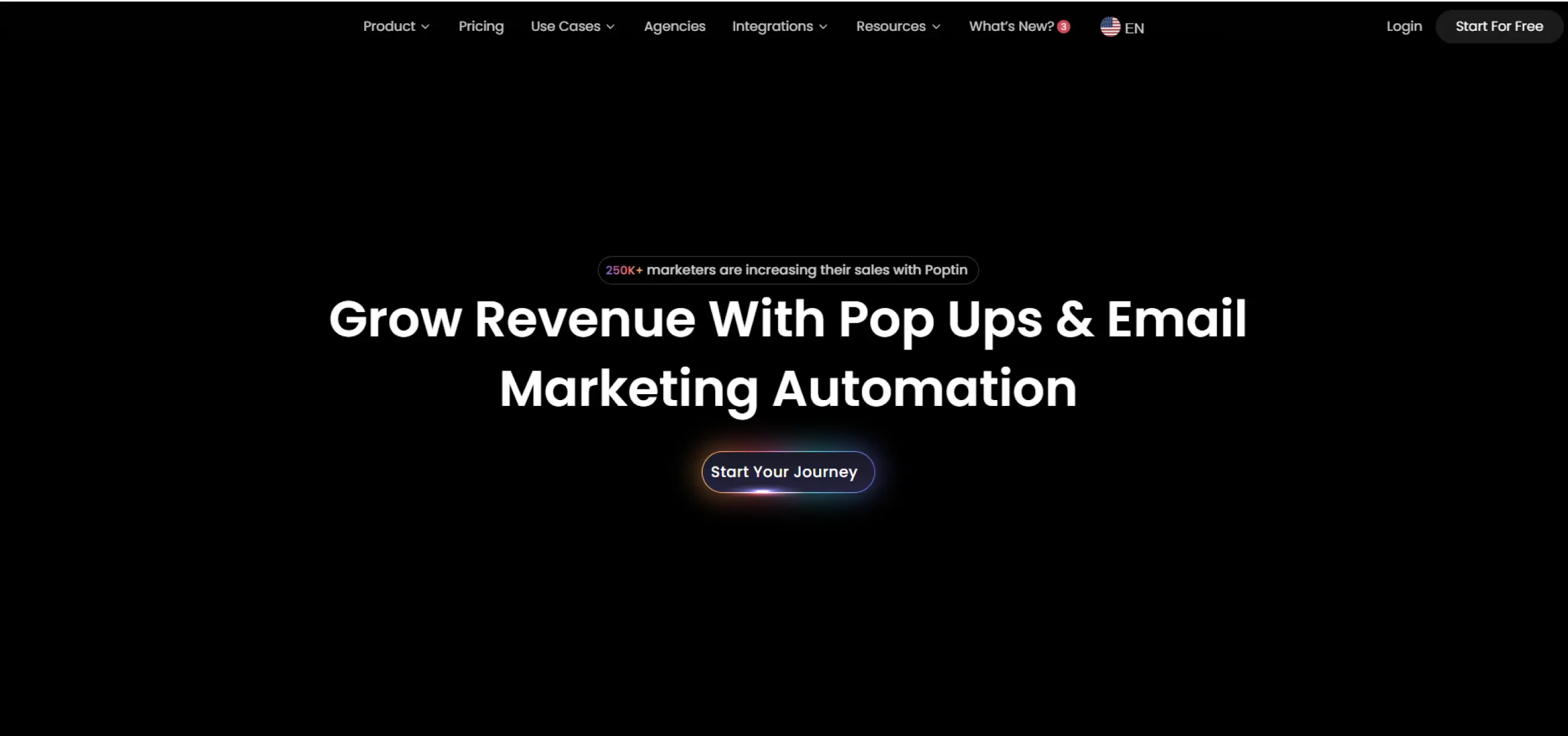 Poptin website hero section featuring the headline “Grow revenue with pop ups & email marketing automation”