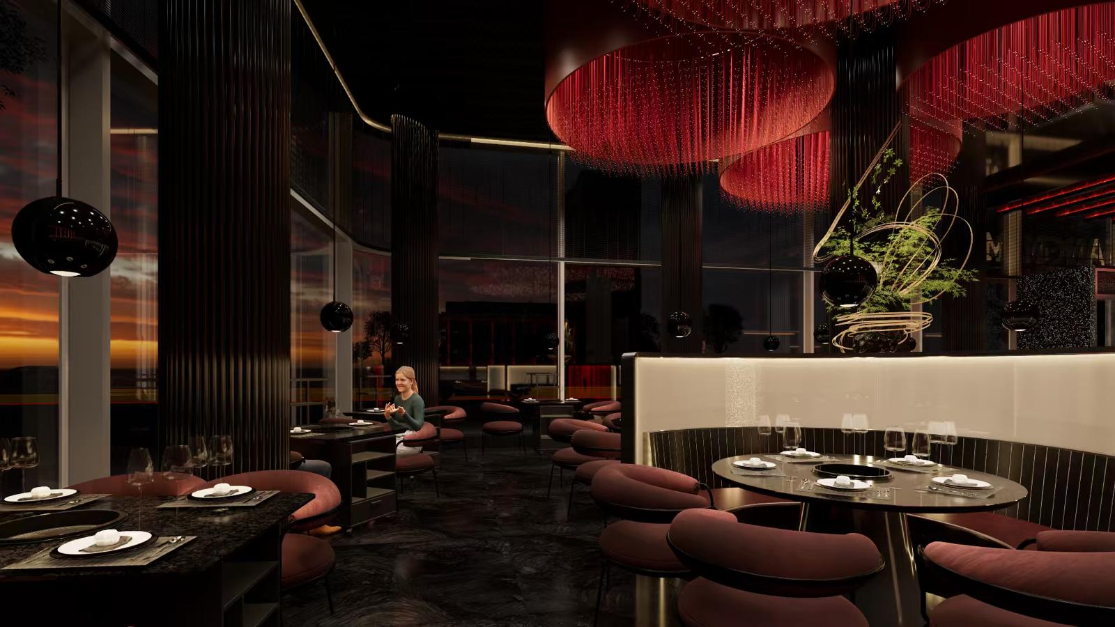 an interior of a fine dining restaurant with focused shot on the table with the plates and glass has been served