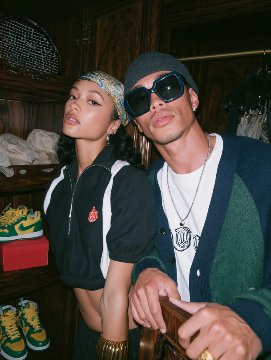 Stylish couple in a wood-panelled boutique, the woman in a black and white track top and printed headscarf and the man in a layered cardigan and oversized sunglasses, premium lifestyle fashion