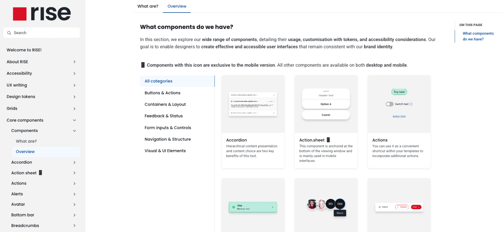Screenshot of the RISE public documentation site at rise.worten.io. The left sidebar shows the full navigation structure: Welcome to RISE, About RISE, Accessibility, UX Writing, Design tokens, Grids, and Core components (expanded to show Components > Overview, Accordion, Action sheet, Actions, Alerts, Avatar, Bottom bar, Breadcrumbs). The main content area shows the "Components Overview" page with six category filters (All categories, Buttons & Actions, Containers & Layout, Feedback & Status, Form inputs & Controls, Navigation & Structure, Visual & UI Elements) and a component grid showing Accordion, Action.sheet (mobile-only, marked with a phone icon), Actions, and three further components partially visible. Each component card includes a preview thumbnail and a short description. The page header states the documentation covers usage, customisation with tokens, and accessibility considerations.