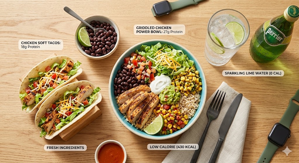 An overhead photograph on a light wood table, featuring a Taco Bell-inspired high-protein meal arrangement with dynamic nutritional labels. At the center is a Griddled Chicken Power Bowl with a label indicating '27g Protein', surrounded by colorful fresh ingredients including grilled chicken strips, rice, corn salsa, black beans, lettuce, cheese, pico de gallo, and guacamole with a sour cream dollop and lime wedges. To the left, a wooden stand holds two Chicken Soft Tacos, labeled '18g Protein', also featuring fresh ingredients and cheese. A separate small ceramic bowl holds black beans and lime, with a label 'FRESH INGREDIENTS'. A 'LOW CALORIE (430 KCAL)' label refers to the Power Bowl. On the top right is a glass with sparkling water, ice, and lime slices, a condensation-covered green bottle of Sparkling Lime Water (Perrier), and a label 'SPARKLING LIME WATER (0 CAL)'. Two smartwatches (Apple Watch) with green bands are visible, and a dark metal fork and knife on a linen napkin. The natural lighting and fitness aesthetic create a healthy fast-food guide, with colorful textures and a realistic composition.