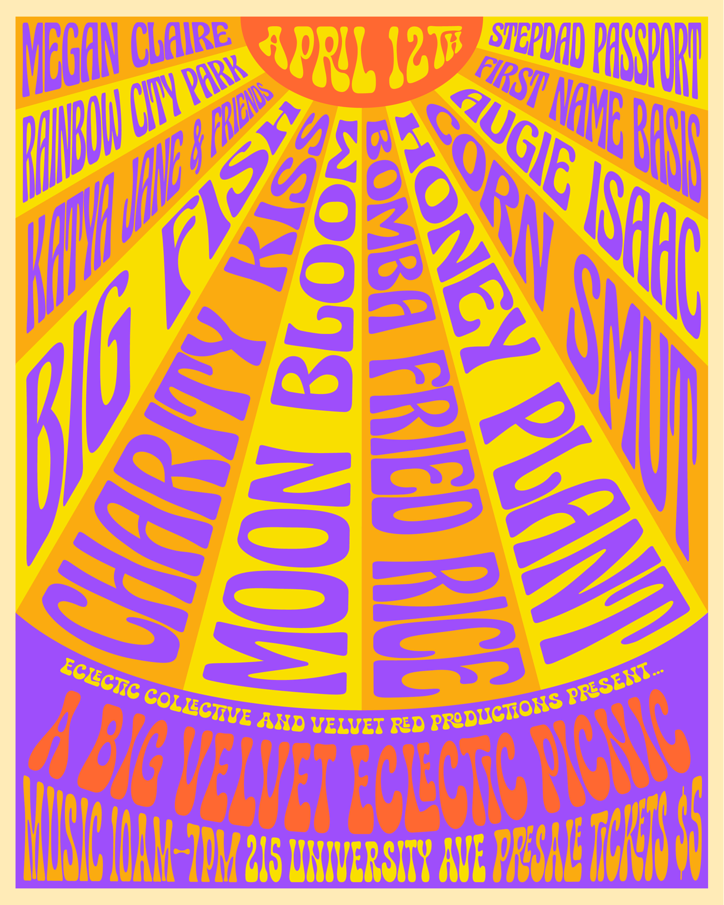 Poster for Picnic Day, UC Daviss 2025. Showing band names in a solar design. Color: orange, yellow, purple