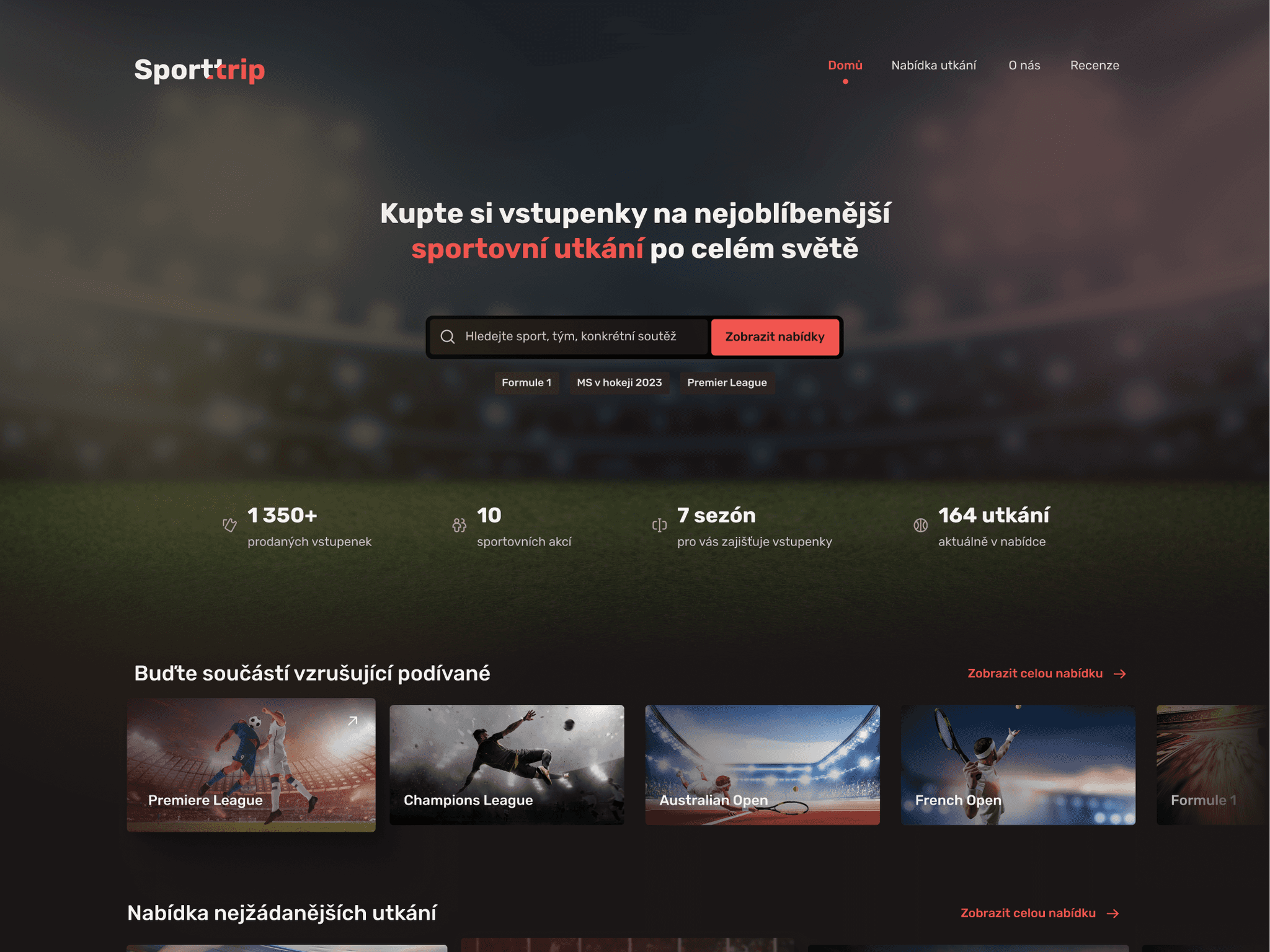 SportTrip: moderní web s tmavým, dynamickým designem a červenými akcenty, nabízející vstupenky na nejoblíbenější sportovní utkání.