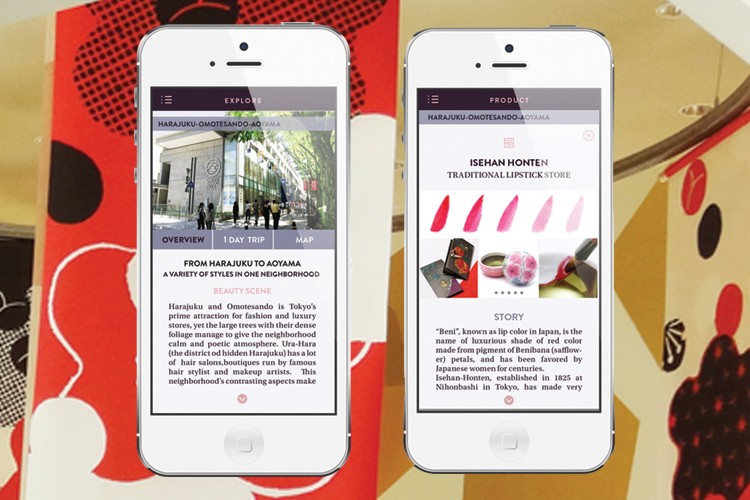 Two white iPhones are displayed side by side, showcasing their respective websites. The left phone presents a website for Harajuku Omotesando Aoyama, highlighting its fashion and luxury stores, daily trip map, and map feature. The right phone displays a website for Isehan Honten Traditional Lipstick Store, featuring an array of lipstick samples and a story about its origin and establishment. Both phones are set against a colorful abstract background.