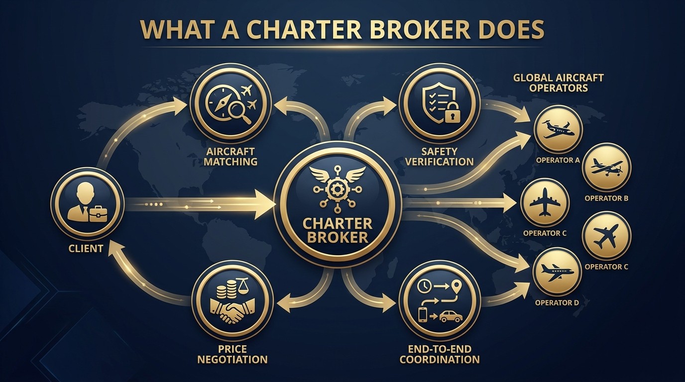 What a charter broker does — aircraft matching, safety verification, terms negotiation, end-to-end coordination connecting global operator network
