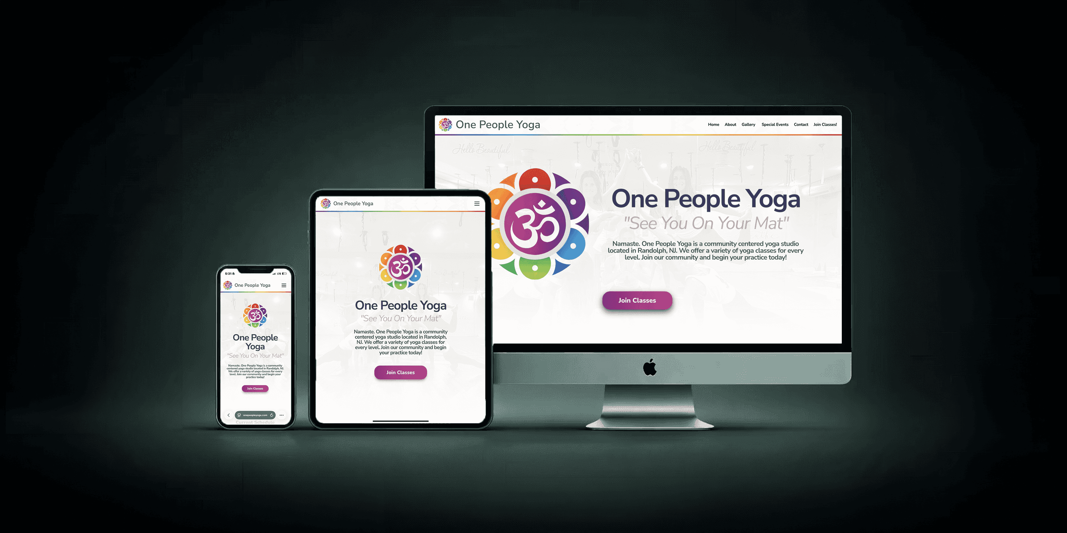 Responsive yoga studio website design displayed on desktop tablet and mobile devices