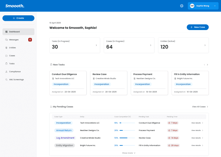 Smoooth platform interface showing an overview of company entities and records