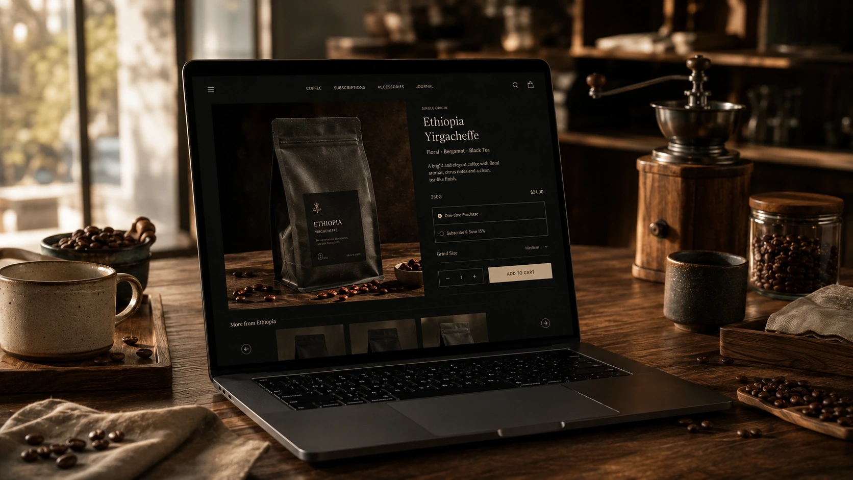 Premium coffee e-commerce website displayed on a MacBook surrounded by ceramic cups, roasted beans, and brewing accessories.