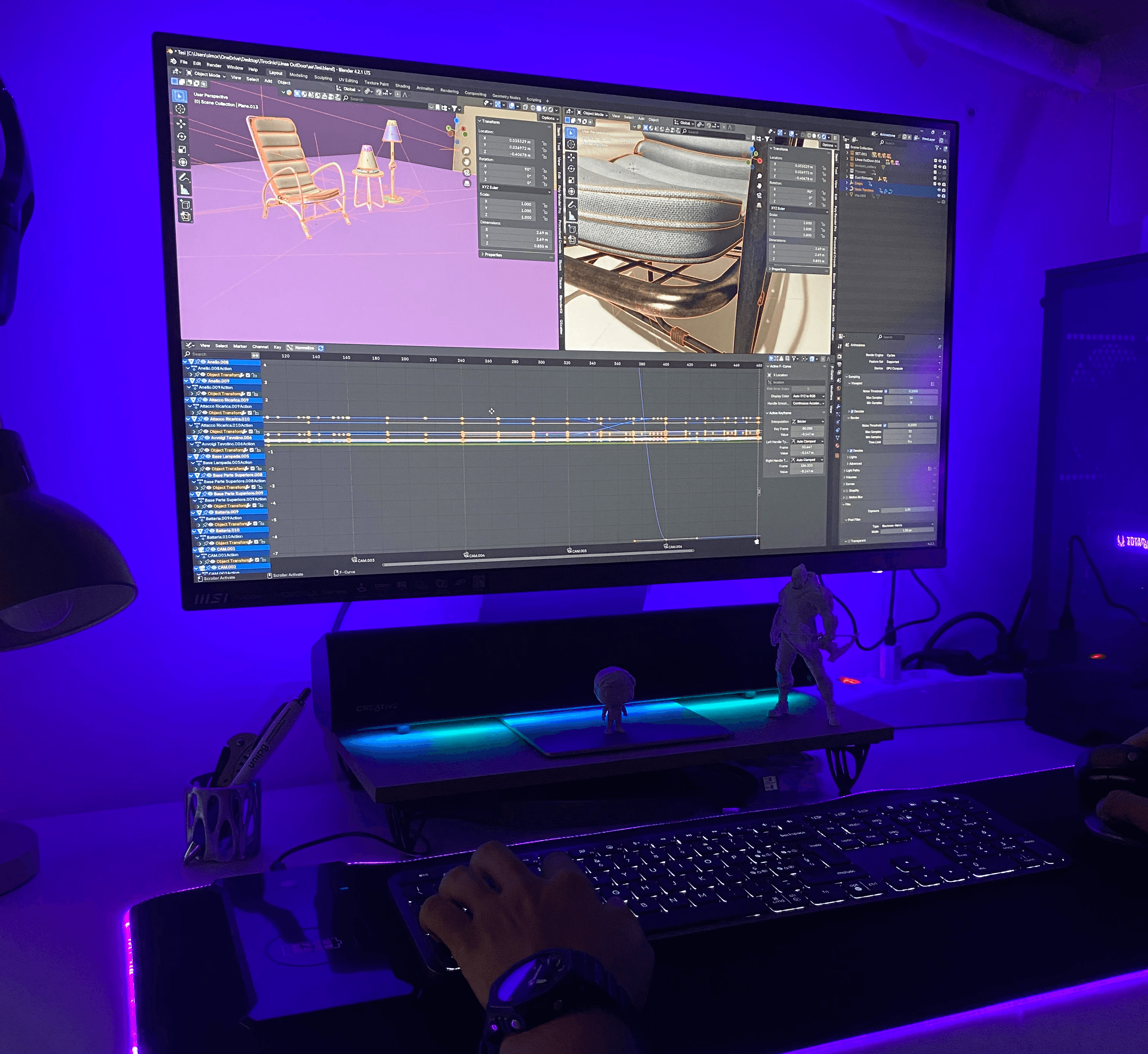 Two filmmakers operate a large camera in a dimly lit studio, wearing headphones and focused intently on the screen, conveying concentration.