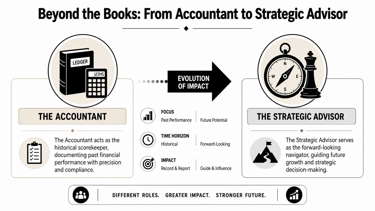 An infographic illustrating the evolution from a traditional accounting role to a forward-looking strategic advisor.