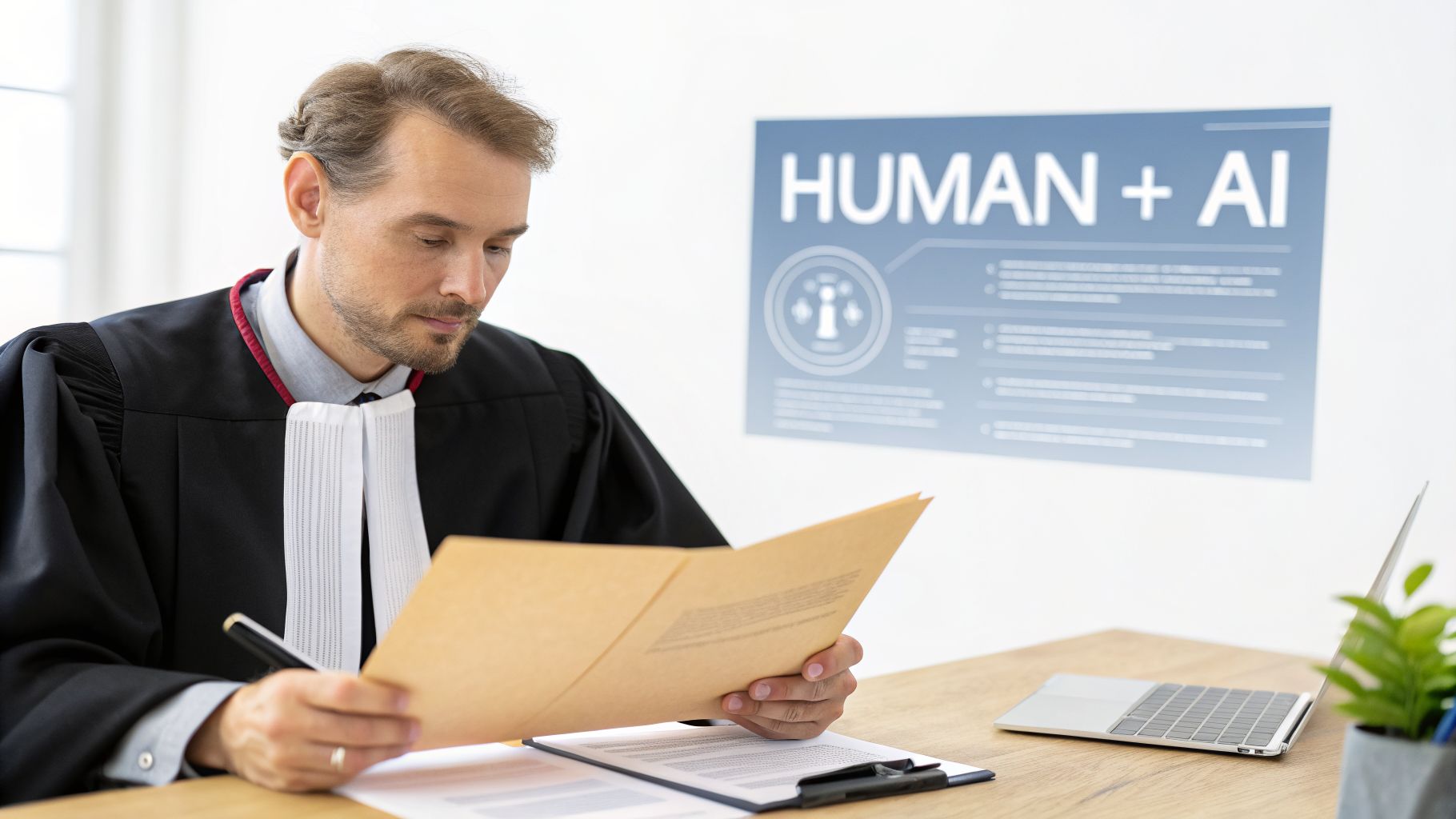 A lawyer in a robe reads documents at a desk with a 'HUMAN + AI' poster.