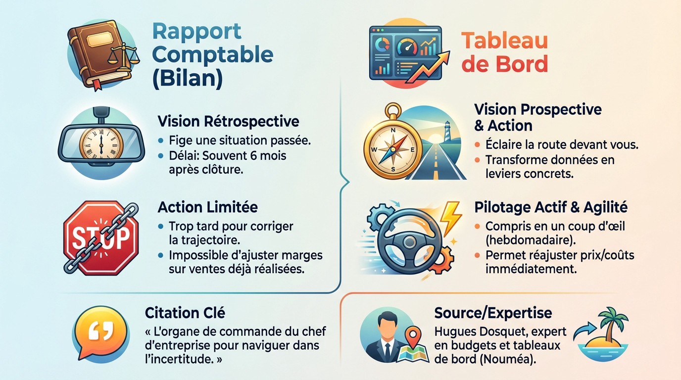 Comparaison visuelle entre un rapport comptable statique et un tableau de bord dynamique pour PME