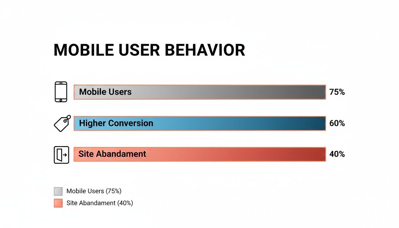 Infographic on mobile user behavior, showing 75% mobile users, 60% higher conversion, and 40% site abandonment.