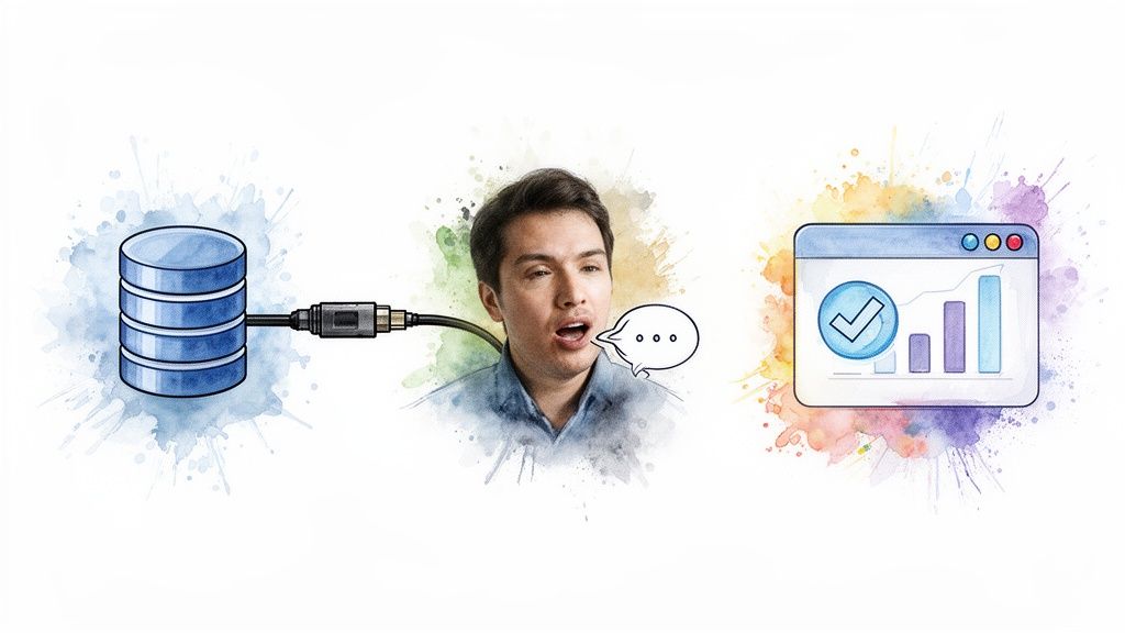 Illustration of a man speaking to a database, generating a successful data report in a browser.