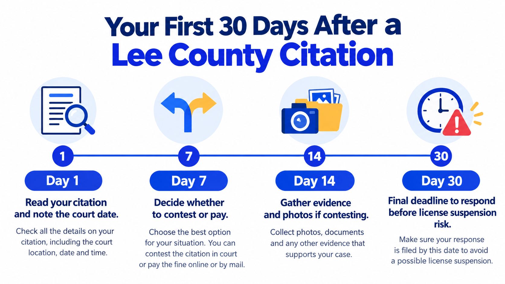 A timeline graphic showing steps to take 1, 7, 14, and 30 days after receiving a Lee County citation.