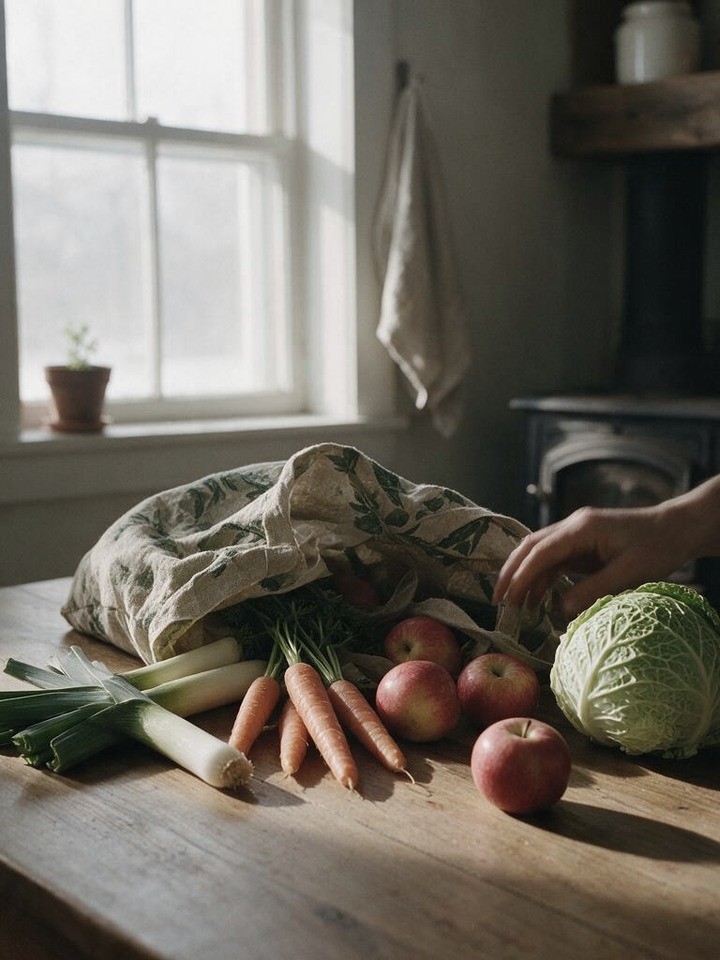 Légumes frais et sac de courses sur un plan de travail