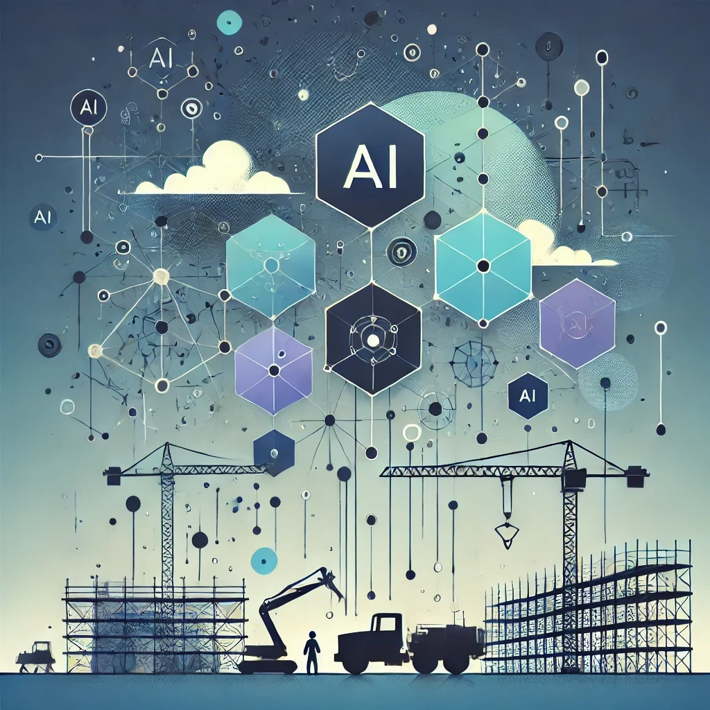 Abstract illustration of AI and construction technology, featuring network nodes and a construction site silhouette in Arkeo AI brand colors