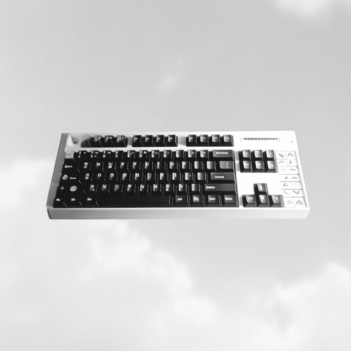 Black-and-white photo of a computer keyboard floating against a soft, cloudy white background.