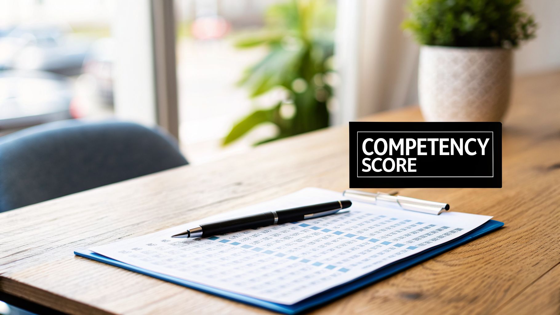 A document with data and a pen on a wooden desk, featuring a 'COMPETENCY SCORE' overlay.
