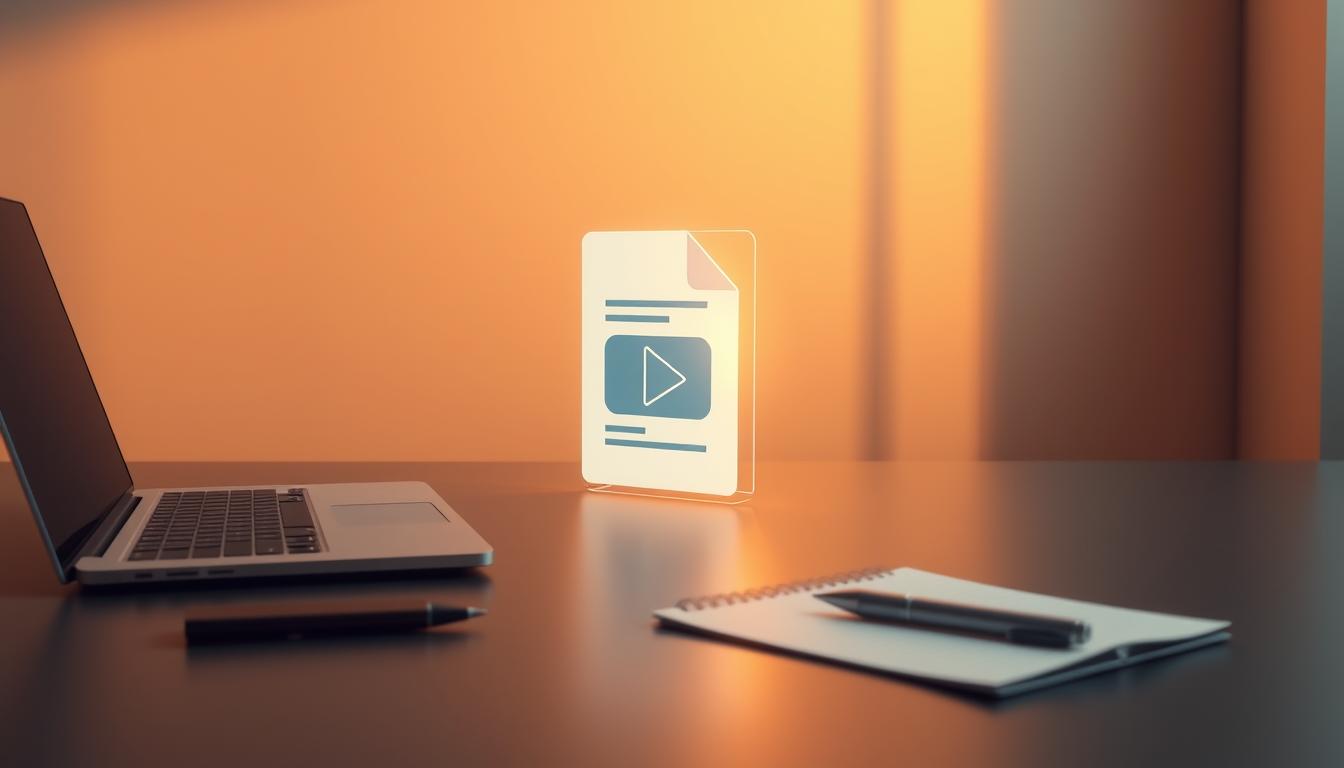 A sleek, modern office desk with a laptop, pen, and notepad. In the center, a glowing, semi-transparent 3D model of a document converting into a video player. Warm, directional lighting from the side casts shadows, highlighting the transition. The background is a minimalist, monochromatic setting, placing the focus on the conversion process. The overall atmosphere is one of efficiency, technology, and the seamless transformation of content.